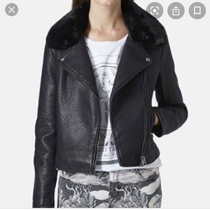 Topshop faux leather moto jacket with fur collar